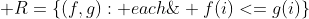  R=\{(f,g): each\; i \;satisfies\; f(i)<=g(i)\}