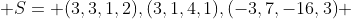  S= {(3,3,1,2),(3,1,4,1),(-3,7,-16,3)} 