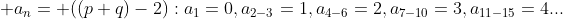  a_n= ((p+q)-2):a_1=0,a_{2-3}=1,a_{4-6}=2,a_{7-10}=3,a_{11-15}=4...