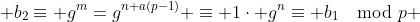 b_2\equiv g^m=g^{n+a(p-1)} \equiv 1\cdot g^n\equiv b_1\mod{p} 