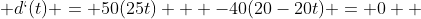  d`(t) = 50(25t) + -40(20-20t) = 0  