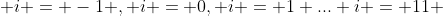  i = -1 , i = 0, i = 1 ... i = 11 