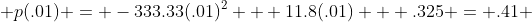  p(.01) = -333.33(.01)^2 + 11.8(.01) + .325 = .41 