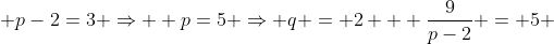  p-2=3 \Rightarrow  p=5 \Rightarrow q = 2 + \frac{9}{p-2} = 5 
