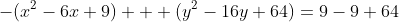 -(x^2-6x+9) + (y^2-16y+64)=9-9+64~\implies~-\dfrac{(x-3)^2}{64}+\dfrac{(y-8)^2}{64}=1