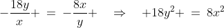 -\frac{18y}{x} \:=\:-\frac{8x}{y} \quad\Rightarrow\quad 18y^2 \:=\:8x^2