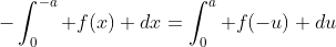 -\int^{-a}_{0} f(x) dx=\int^{a}_{0} f(-u) du