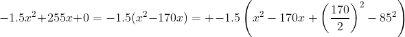 -1.5x^2+255x+0=-1.5(x^2-170x)= -1.5\left(x^2-170x+\left(\frac{170}{2}\right)^2-85^2\right)