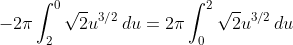 -2\pi\int_{2}^{0}\sqrt{2}u^{3/2}\,du=2\pi\int_{0}^{2}\sqrt{2}u^{3/2}\,du