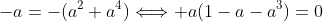 -a=-(a^2+a^4)\Longleftrightarrow a(1-a-a^3)=0
