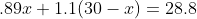 .89x+1.1(30-x)=28.8