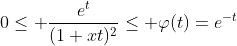 0\leq \frac{e^{t}}{(1+xt)^2}\leq \varphi(t)=e^{-t}