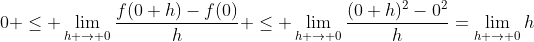 0 \le \lim_{h \to 0}\frac{f(0+h)-f(0)}{h} \le \lim_{h \to 0}\frac{(0+h)^2-0^2}{h}=\lim_{h \to 0}h