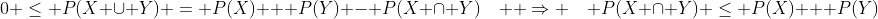0 \le P(X \cup Y) = P(X) + P(Y) - P(X \cap Y)\quad  \Rightarrow \quad P(X \cap Y) \le P(X) + P(Y)