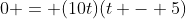 0 = (10t)(t - 5)