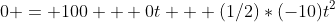0 = 100 + 0t + (1/2)*(-10)t^2