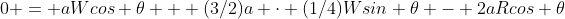 0 = aWcos \theta + (3/2)a \cdot (1/4)Wsin \theta - 2aRcos \theta