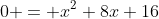 0 = x^2+8x+16
