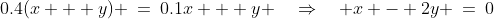 0.4(x + y) \:=\:0.1x + y \quad\Rightarrow\quad x - 2y \:=\:0\;\;{\color{blue}[1]}