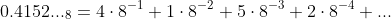 0.4152..._{8}=4\cdot8^{-1}+1\cdot8^{-2}+5\cdot8^{-3}+2\cdot8^{-4}+...