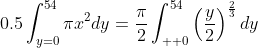 0.5\int_{y=0}^{54}{\pi}x^2dy=\frac{{\pi}}{2}\int_{  0}^{54}\left(\frac{y}{2}\right)^{\frac{2}{3}}dy
