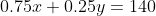 0.75x+0.25y=140