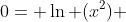 0= \ln (x^2) 