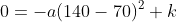 0=-a(140-70)^2+k