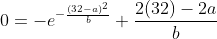 0=-e^{-\frac{(32-a)^2}{b}} \frac{2(32)-2a}{b}
