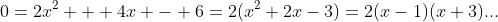 0=2x^2 + 4x - 6=2(x^2+2x-3)=2(x-1)(x+3)...