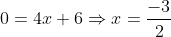 0=4x+6\Rightarrow{x=\frac{-3}{2}}