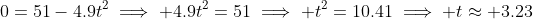 0=51-4.9t^2\implies 4.9t^2=51\implies t^2=10.41\implies t\approx 3.23~s