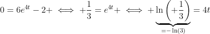 0=6e^{4t}-2 \iff \frac{1}{3}=e^{4t} \iff \underbrace{\ln\left( \frac{1}{3}\right)}_{=-\ln(3)}=4t