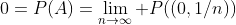 0=P(A)=\lim_{n\to\infty} P((0,1/n))