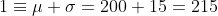 1\equiv\mu+\sigma=200+15=215