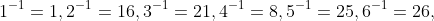 1^{-1}=1,2^{-1}=16,3^{-1}=21,4^{-1}=8,5^{-1}=25,6^{-1}=26,
