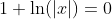 1+\ln(|x|)=0~\implies~\ln(|x|)=-1~\implies~|x| = e^{-1}=\frac1e