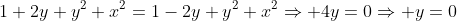 1+2y+y^2+x^2=1-2y+y^2+x^2\Rightarrow 4y=0\Rightarrow y=0