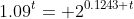 1.09^t= 2^{0.1243 t}
