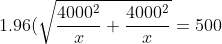 1.96(\sqrt{\frac{4000^2}{x}+\frac{4000^2}{x}}=500