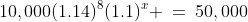 10,000(1.14)^8(1.1)^x \:=\:50,000