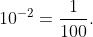 10^{-2}=\frac1{100}.
