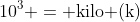 10^{3} = \text{kilo (k)}