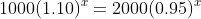 1000(1.10)^x=2000(0.95)^x