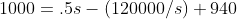 1000=.5s-(120000/s)+940