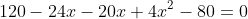 120-24x-20x+4x^2-80=0