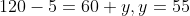 120-5=60+y,y=55