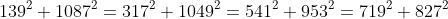 139^2+1087^2=317^2+1049^2=541^2+953^2=719^2+827^2