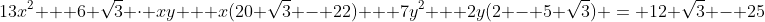 13x^2 + 6 \sqrt{3} \cdot xy + x(20 \sqrt{3} - 22) + 7y^2 + 2y(2 - 5 \sqrt{3}) = 12 \sqrt{3} - 25