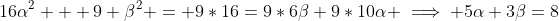 16\alpha^2 + 9 \beta^2 = 9*16=9*6\beta+9*10\alpha \implies 5\alpha+3\beta=8